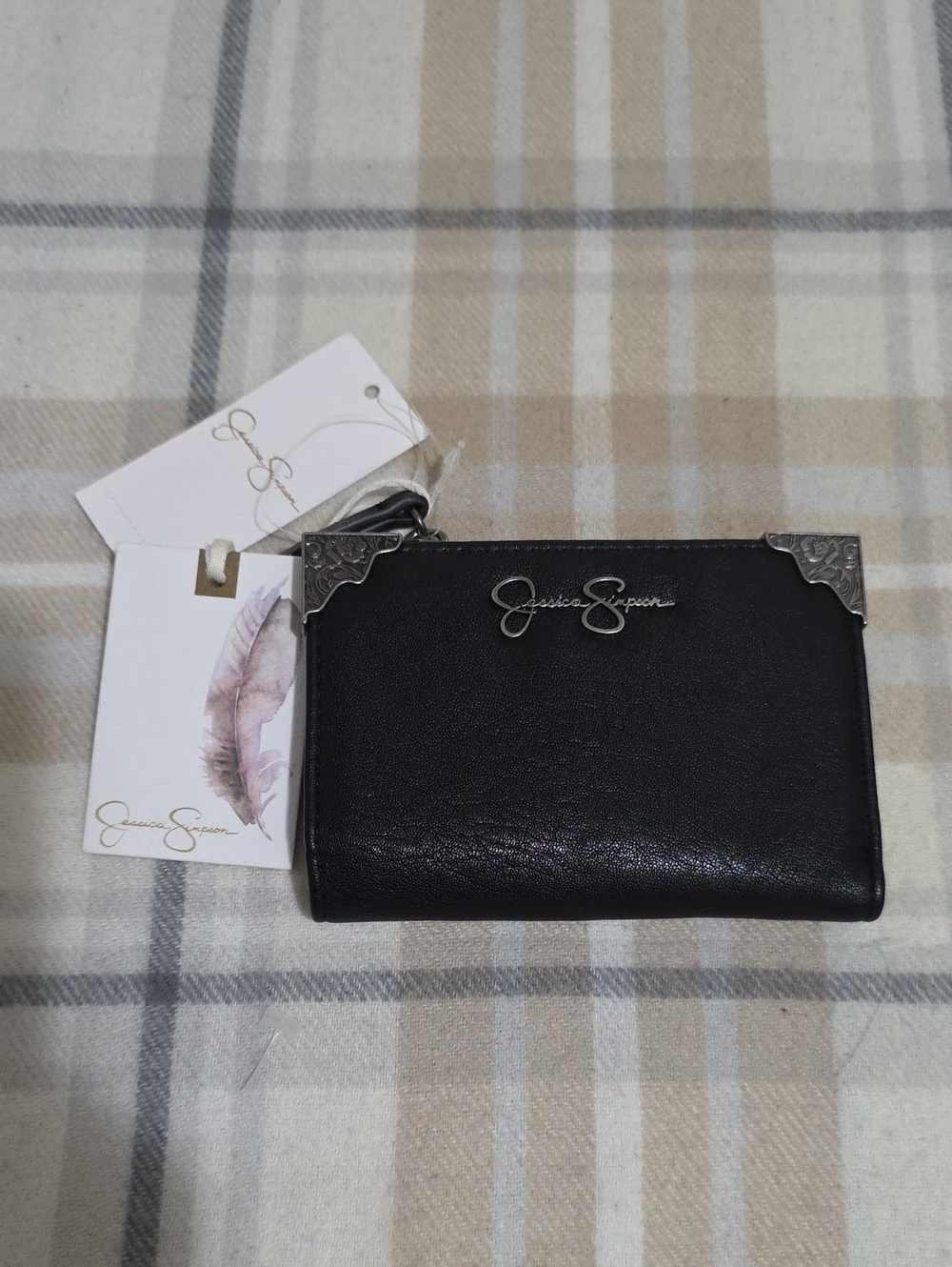 Jessica Simpson Black Metal-Corner Zip Wallet